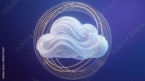 Abstract cloud computing symbol with flowing digital layers and circular energy lines