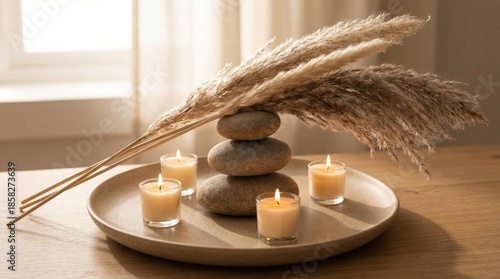 Minimalist home decor arrangement with candles, pampas grass, and stacked stones in soft natural light