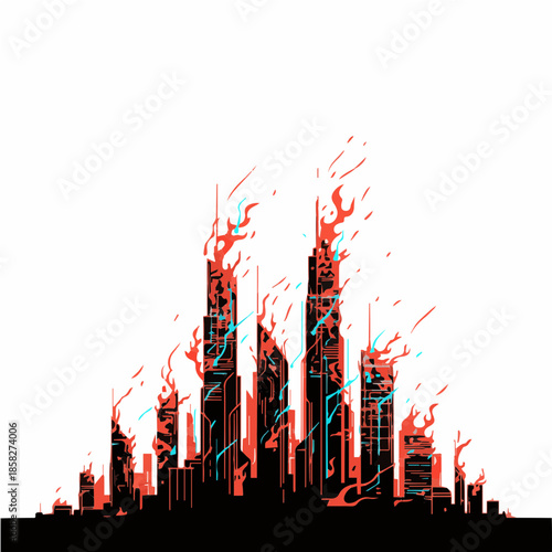 Burning futuristic cyberpunk city vector illustration