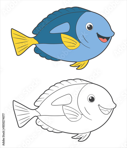 Cute Blue tang Cartoon Vector, Colored and Black Outline Version