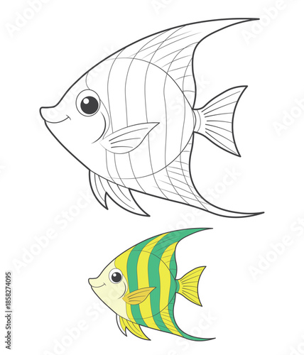 Cute Angelfish Cartoon Vector, Colored and Black Outline Version