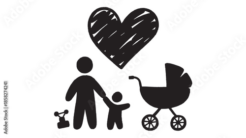 Father Holding Child Walking with Stroller and Dog under Heart