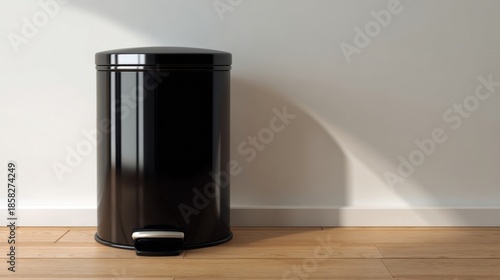 A modern black reflective trash bin with a silver foot pedal stands on wooden flooring near a light wall illuminated by 