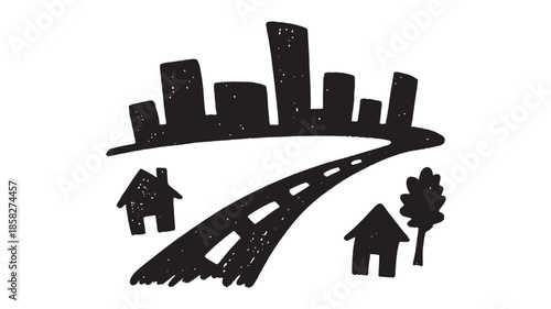 City Skyline with Road and Houses