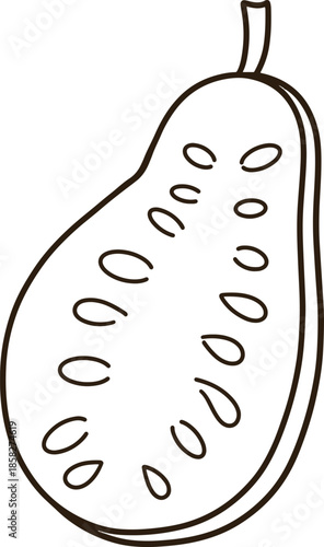 A black and white cutaway illustration of a sliced guava fruit with seeds and internal details.