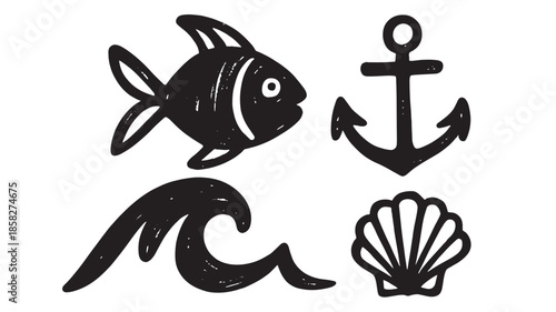 Black Fish Swimming with Wave Anchor Shell on White