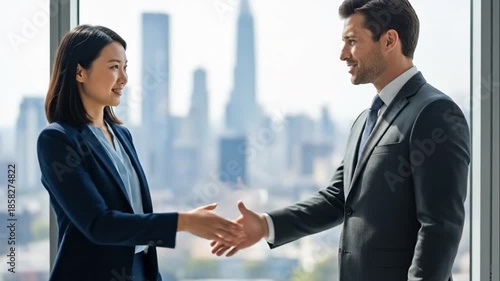 Wallpaper Mural Business Professionals Shaking Hands in Modern Office with City Skyline Background for Corporate Agreement and Success Torontodigital.ca
