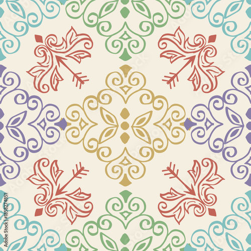 Seamless pattern with floral damask decorative in vintage stye. Vector illustration.