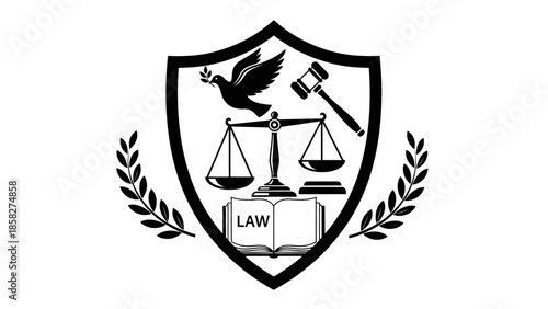 Law emblem with scales of justice and dove of peace.