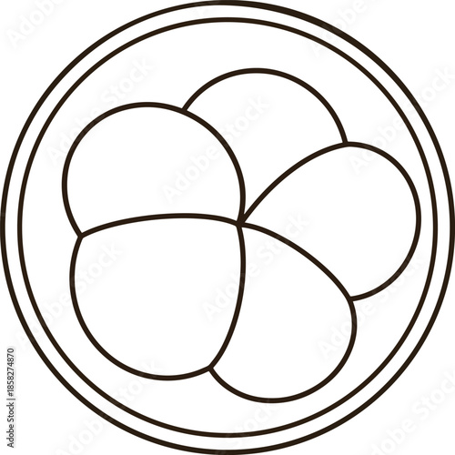 A black and white cutaway illustration of a sliced mangosteen fruit with internal segments and seeds.