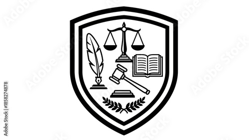 Law Symbol Shield with Scales of Justice and Gavel.