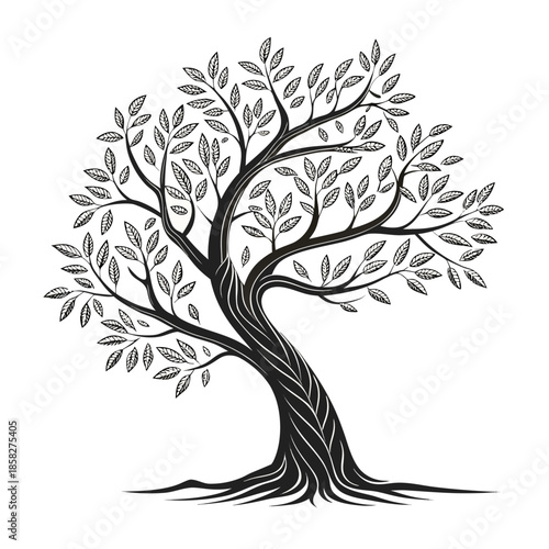 Intricate Black and White Tree of Life Vector Illustration with Twisted Trunk and Detailed Leafy Canopy.Stylized Deciduous Tree Line Art Design Isolated on White Background for Yoga Wellness.
