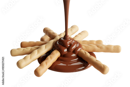 Small biscuit sticks with falling chocolate syrup, chocolate biscuits 
