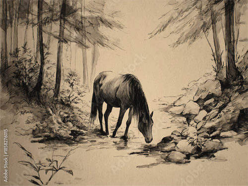 A pencil sketch of a horse standing quietly