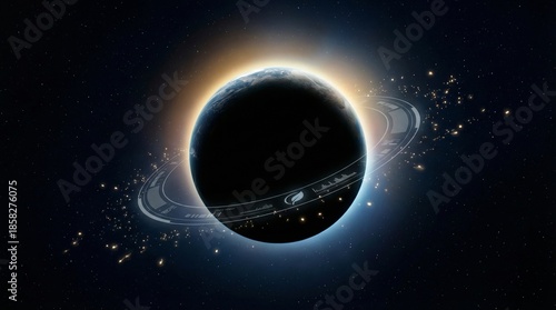 Dramatic solar eclipse in deep space with glowing corona and scattered cosmic particles