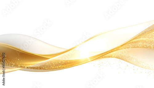 Abstract gold and white ribbon waves on a black background with sparkles