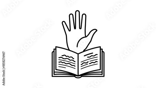 Open Book with Hand Raised Above Symbolizing Knowledge and Learning.