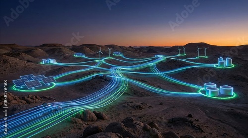 Futuristic smart city infrastructure with glowing connected buildings and autonomous transport network at dusk