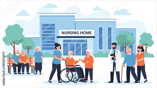 Caregivers and medical staff helping senior people in nursing home.