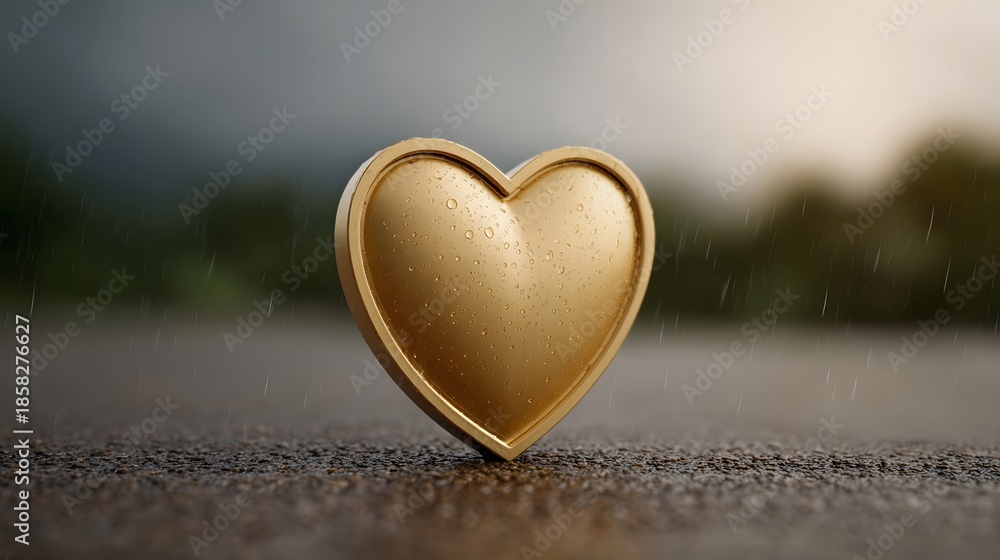 Fototapeta premium A golden heart symbol covered in water droplets rests on a wet surface during a rainy day