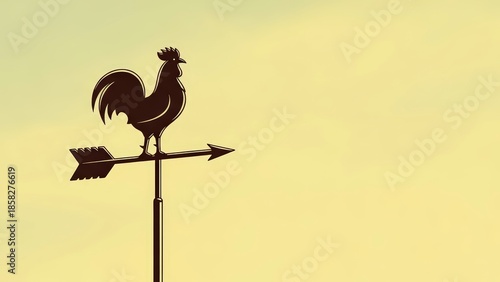 Silhouette of a Rooster Weather Vane Against a Soft Yellow Sky.