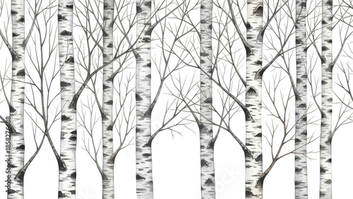 Black and white birch tree trunks pattern seamless forest texture isolated on transparent background
