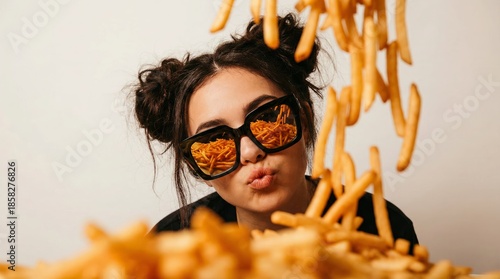 Young woman with space buns pouting lips while french fries fall around her