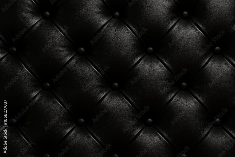 Fototapeta premium Luxurious black leather tufted upholstery texture with buttons in seamless pattern on dark background for elegant interior design concepts. Ai generative