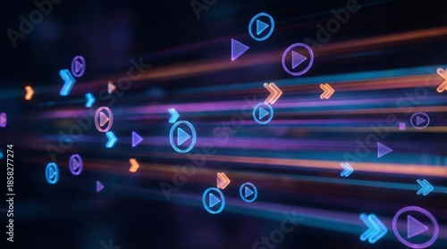 Abstract digital data flow with glowing arrows and streaming icons