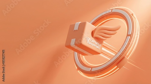 Fast 3d delivery box with white wings and speed lines in abstract orange studio