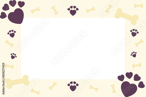 Minimal pet lover Valentine's Day frame with copy space. Background featuring heart-shaped paw prints and dog bones. Vector flat design border for veterinary clinic greeting card or animal shop.