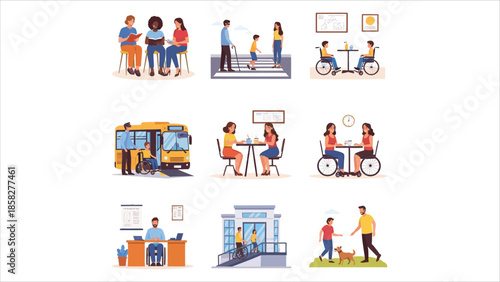 Diverse disabled people daily life and assistance vector illustration set.