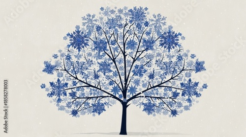 A stylized blue tree with intricate snowflake-like leaves stands against a beige snowy backdrop,