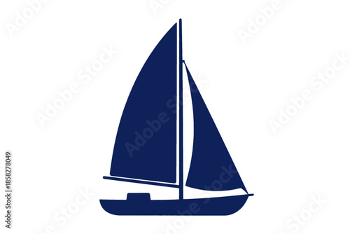 Blue sailboat with white sails and detailed hull.