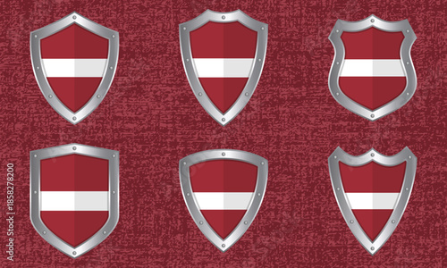 Set of metal shields with the Latvian flag