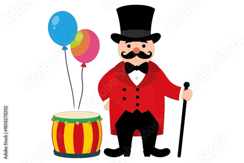 Cartoon circus ringmaster with drum and balloons.