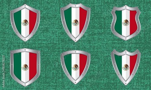 Set of metal shields with the Mexican flag