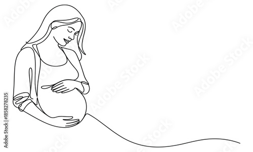Pregnant woman holding her belly in a continuous line drawing