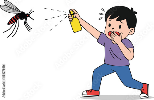 Child spraying insect repellent cartoon, mosquito attack reaction, scared expression, bug protection concept, flat vector illustration