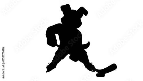 A dynamic silhouette of a cartoon animal playing ice hockey with stick and skates