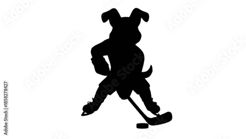 A determined cartoon dog mascot skillfully glides across the ice ready to shoot the puck in a dynamic ice hockey pose