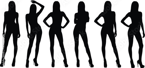Female silhouette pose set, high heel fashion icons, stylish standing figures, black vector design, flat vector illustration
