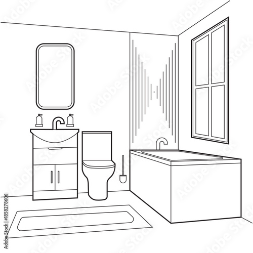 Line art modern Toilet with bathtub