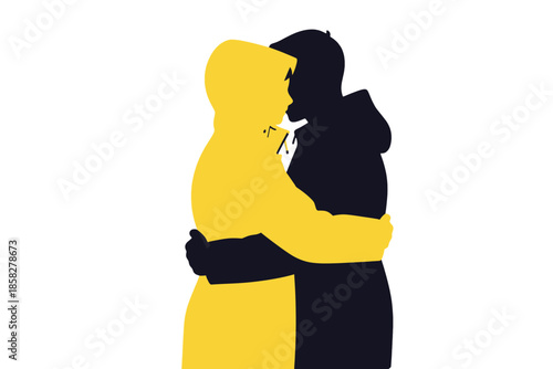 Couple embracing in warm winter clothing