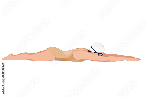 Female swimmer in goggles and cap mid-stroke