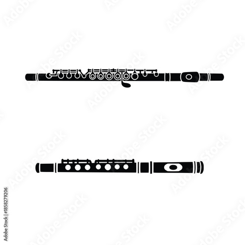 Flute Silhouette Icon Set – Black Woodwind Musical Instrument Vector