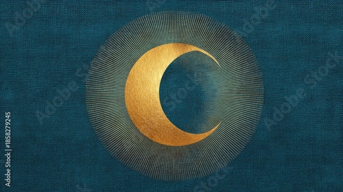 Golden crescent moon shines brightly against textured blue background with radiating circular patterns evoking symbolic 