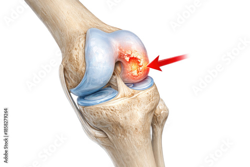 Knee joint anatomy showing femur tibia cartilage damage inflammation pain area with internal structure detail isolated on white background
