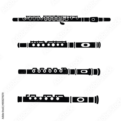 Flute Silhouette Icon Set – Black Woodwind Musical Instrument Vector