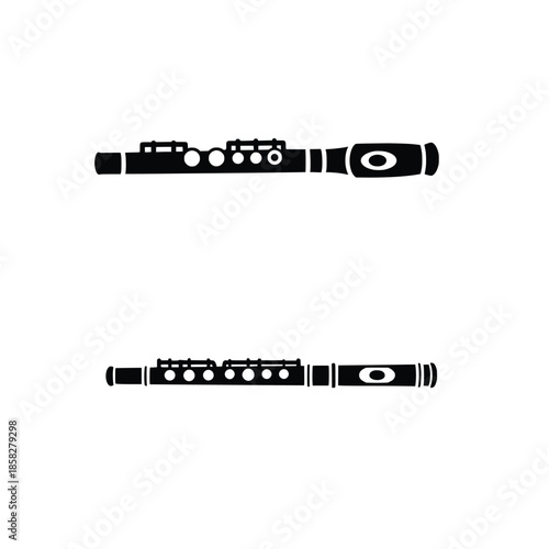 Flute Silhouette Icon Set – Black Woodwind Musical Instrument Vector